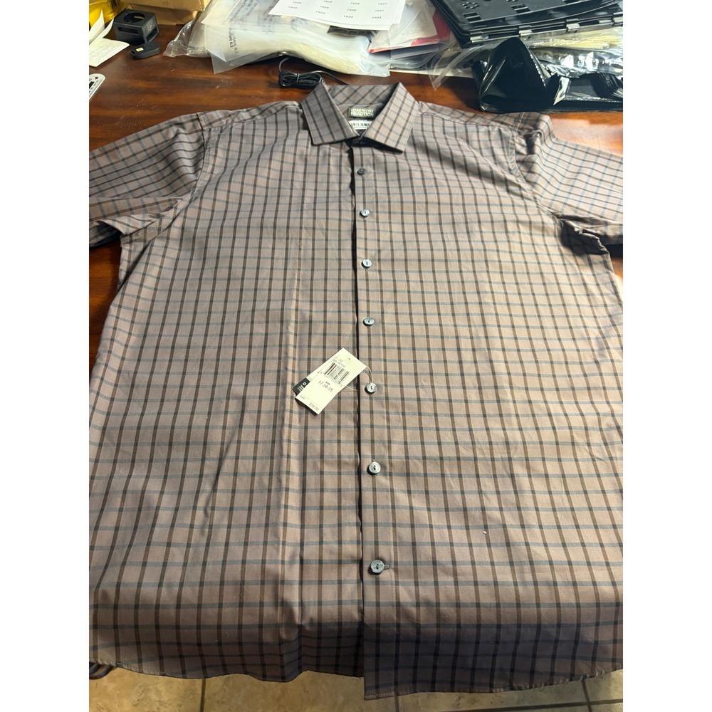Kenneth Cole Reaction Mens Slim Fit Dress Shirt Ash Brown Plaid 17 34-35 NEW